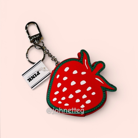 🍓PINK VICTORIA’S SECRET Zip Pouch Keychain Bag Charm Strawberry Bright Red - Picture 2 of 9